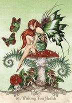 Fairy sitting on a mushroom with butterflies and plants, on a light green background.