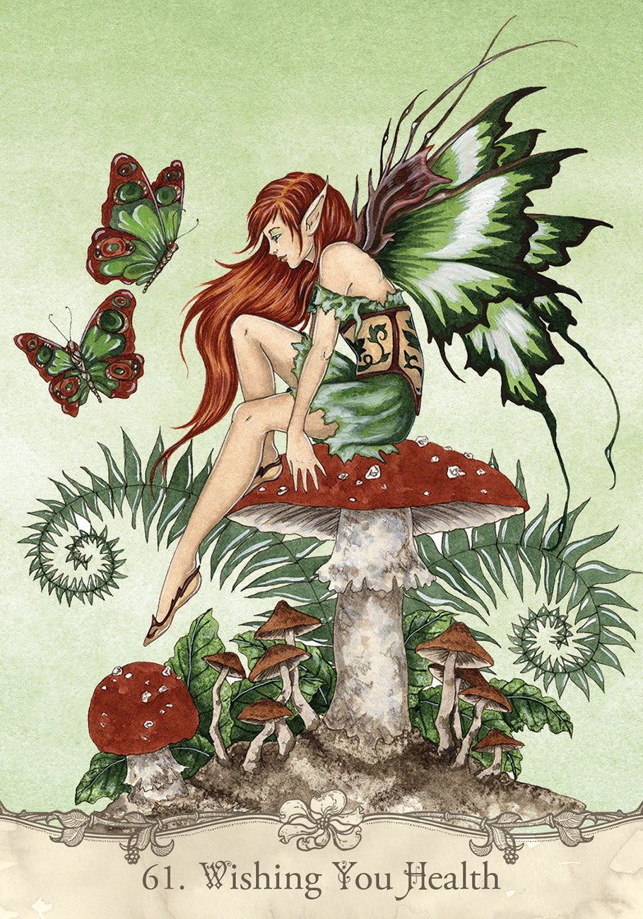 Fairy sitting on a mushroom with butterflies and plants, on a light green background.