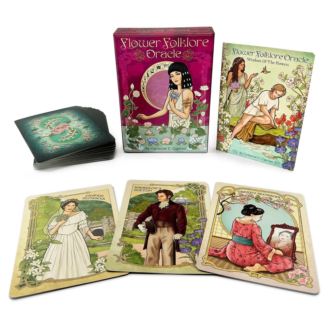 Flower Folklore Oracle cards with packaging on a white background