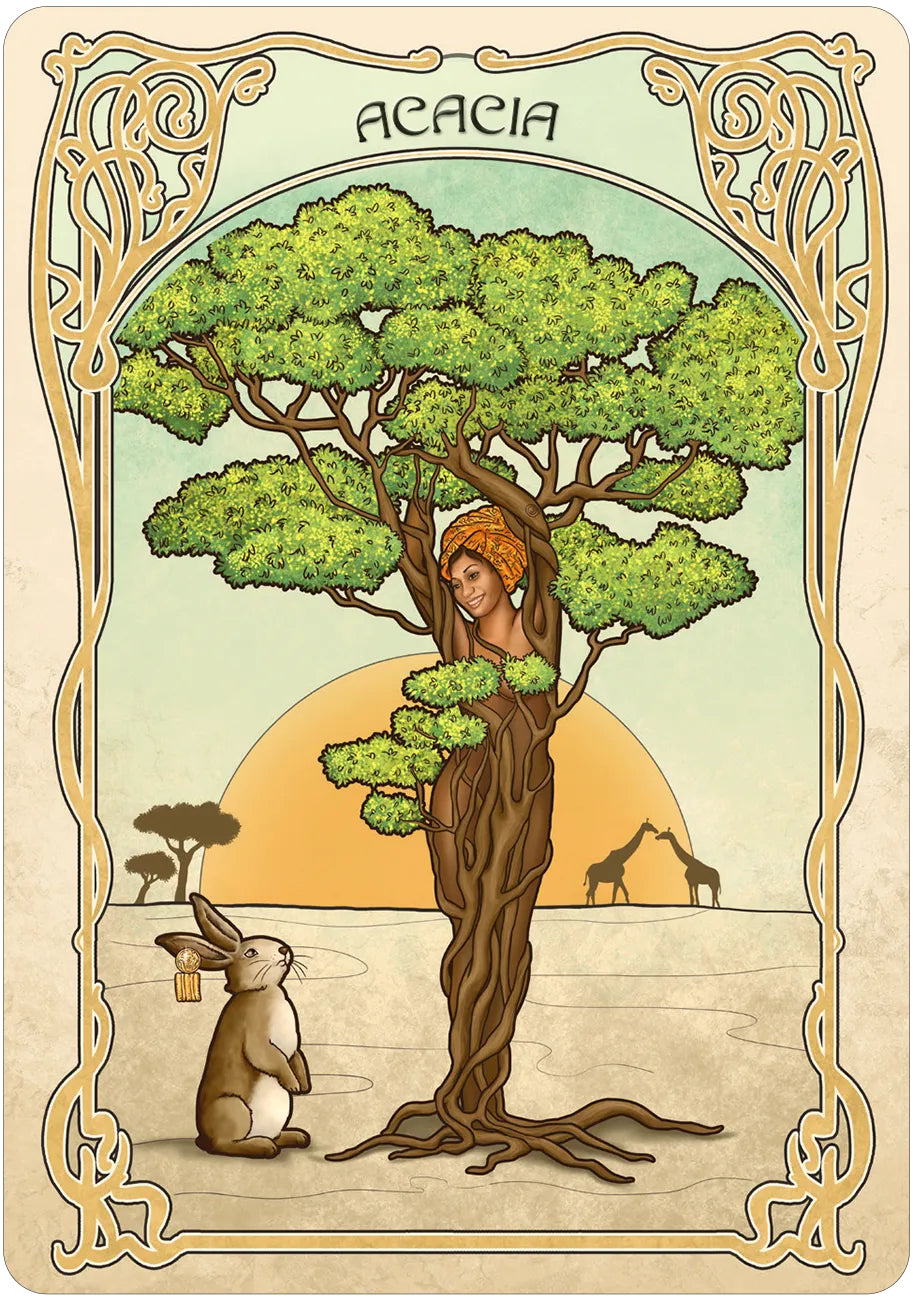Illustration of a woman intertwined with an acacia tree, with a rabbit and giraffes in the background.