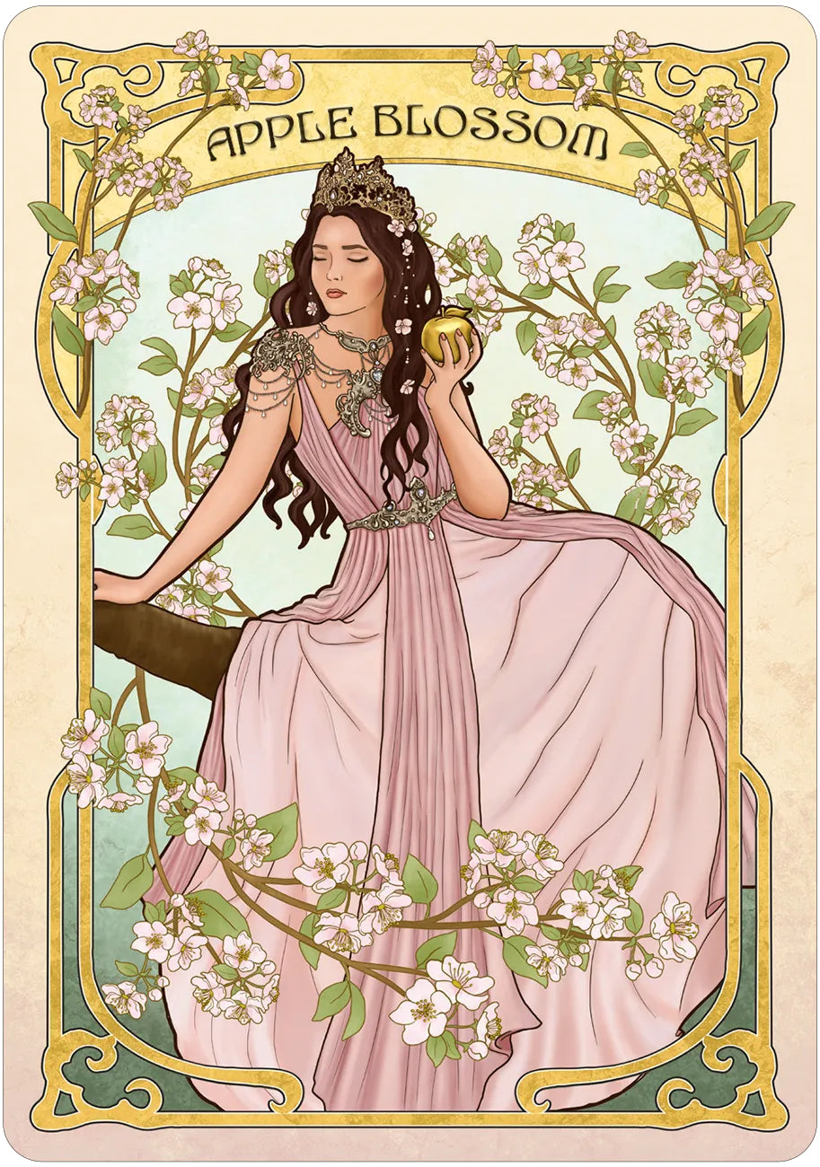 Art Nouveau-style illustration of a woman holding an apple amidst floral branches, with 'Apple Blossom' text at the top.