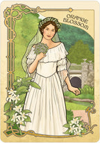 Vintage-style illustration of a woman in a white dress holding flowers, with decorative elements and 'Orange Blossom' text.