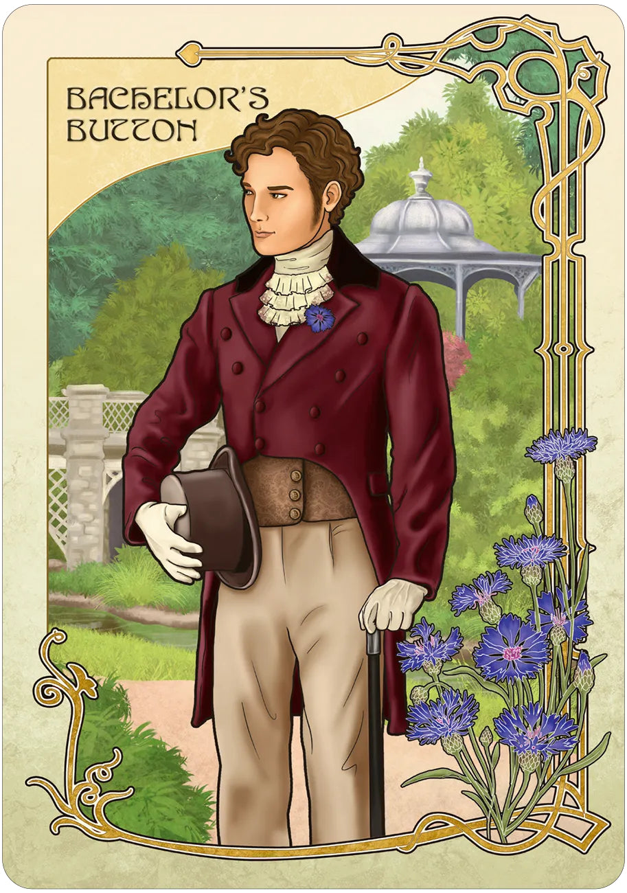Card featuring a man in a red coat with a garden and flowers in the background