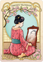 Illustration of a woman in a pink kimono looking at herself in a mirror, surrounded by cherry blossoms.