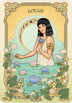 Art Nouveau-style card with a woman holding a lotus flower, surrounded by decorative elements.