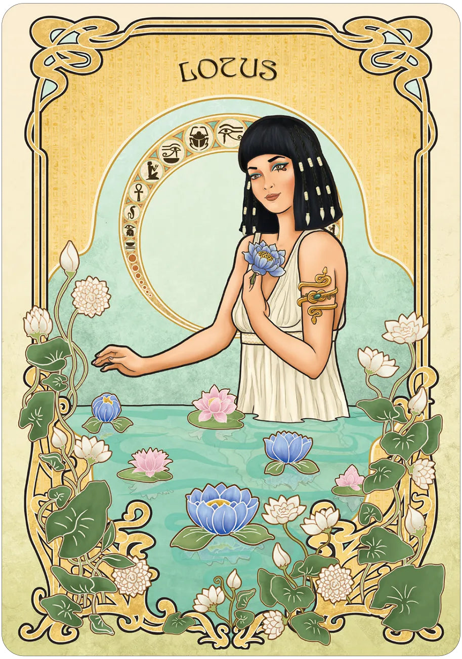 Art Nouveau-style card with a woman holding a lotus flower, surrounded by decorative elements.