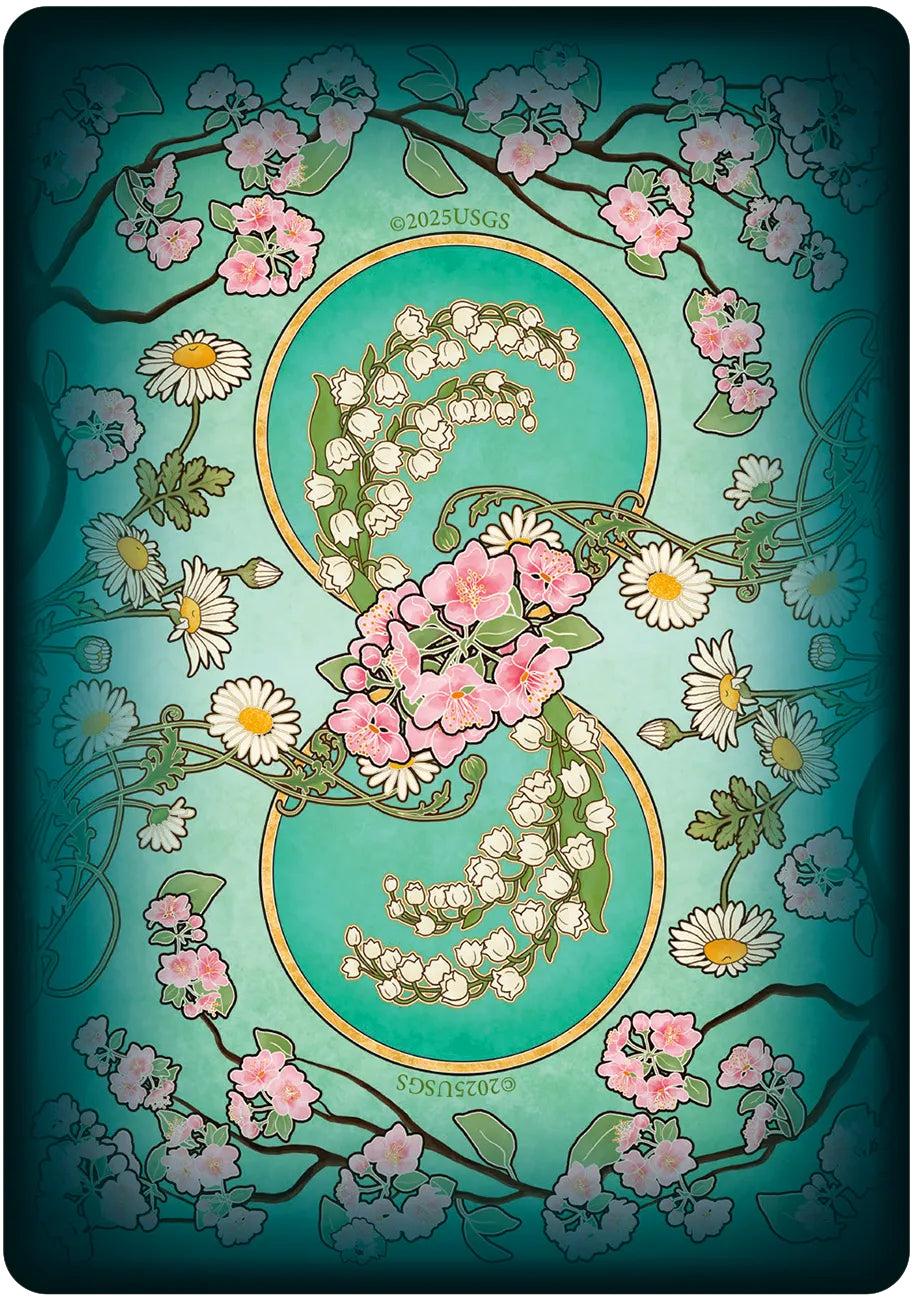 Decorative card with floral design and circular emblem on a teal background