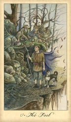 Illustration of a tarot card titled 'The Fool' featuring a person with animals in a fantasy landscape.