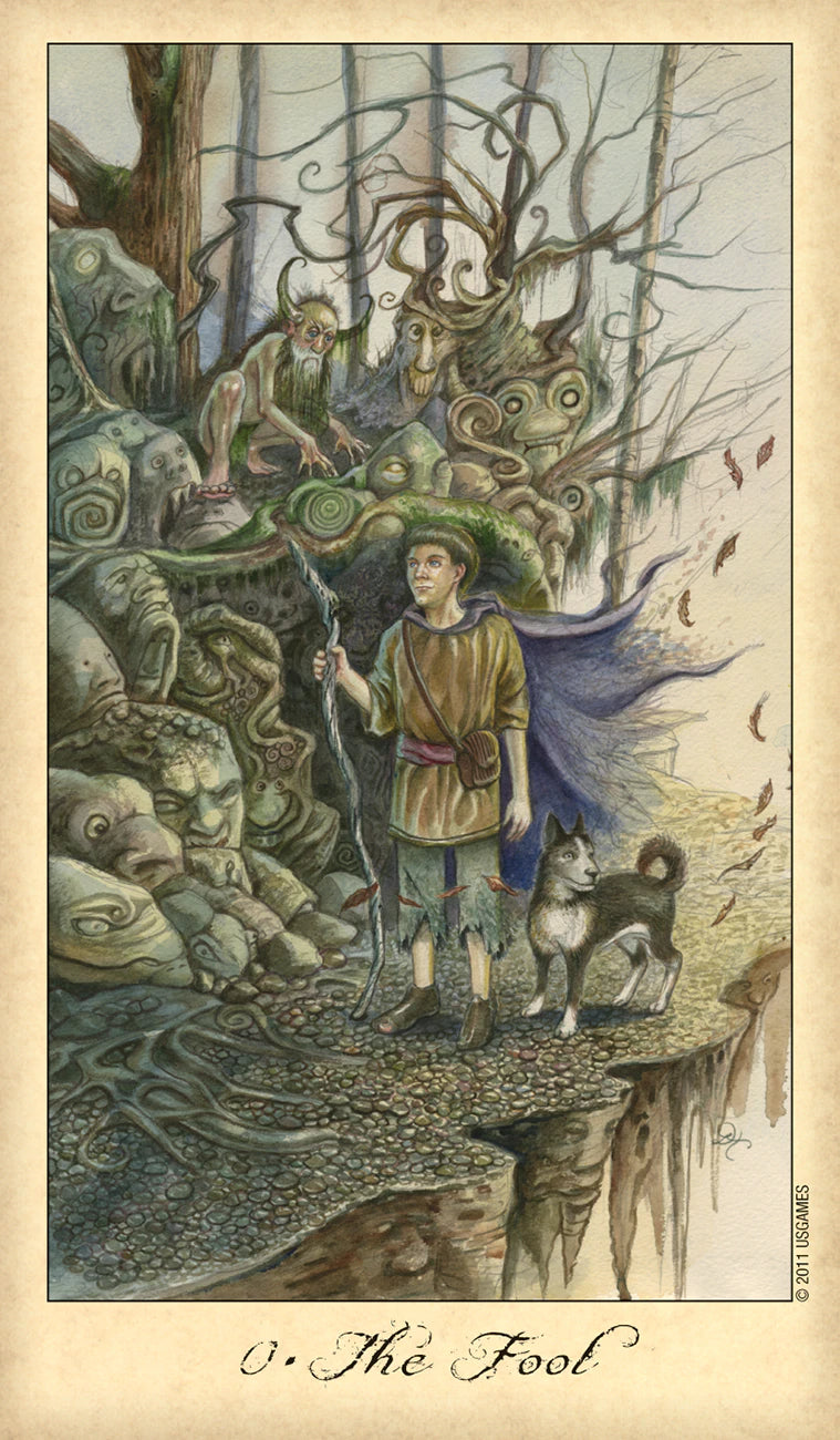 Illustration of a tarot card titled 'The Fool' featuring a person with animals in a fantasy landscape.