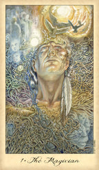 Artistic depiction of 'The Magician' card from a tarot deck, featuring a central figure with intricate designs and celestial elements.