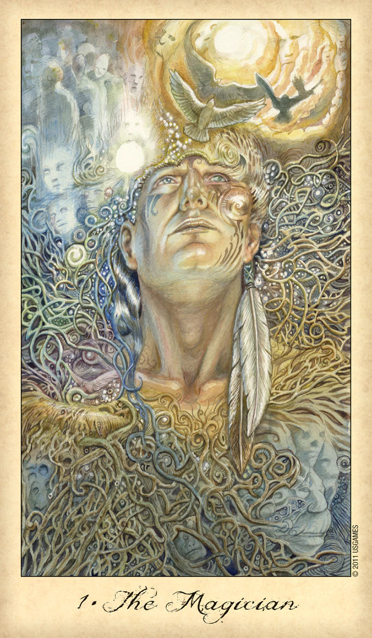 Artistic depiction of 'The Magician' card from a tarot deck, featuring a central figure with intricate designs and celestial elements.
