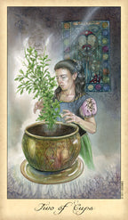 Tarot card featuring a woman with a plant, titled 'Two of Cups'.