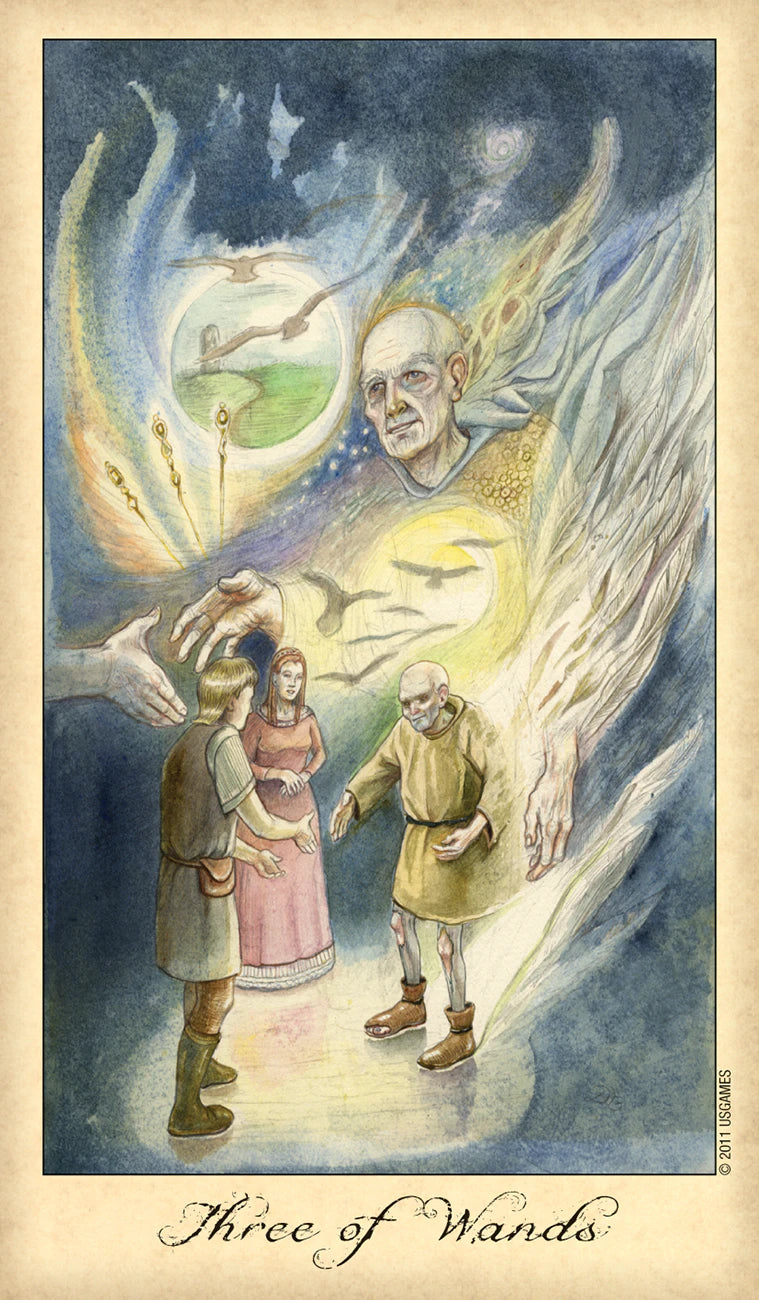 Illustration of a tarot card titled 'Three of Wands' featuring two people and an angelic figure.