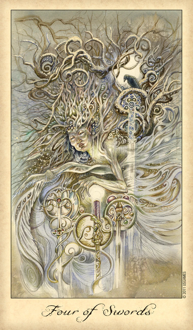 Artistic depiction of a tarot card titled 'Four of Swords' with intricate designs and symbols.