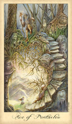 Fantasy illustration of a staircase leading into a mystical forest with a glowing light at the top.