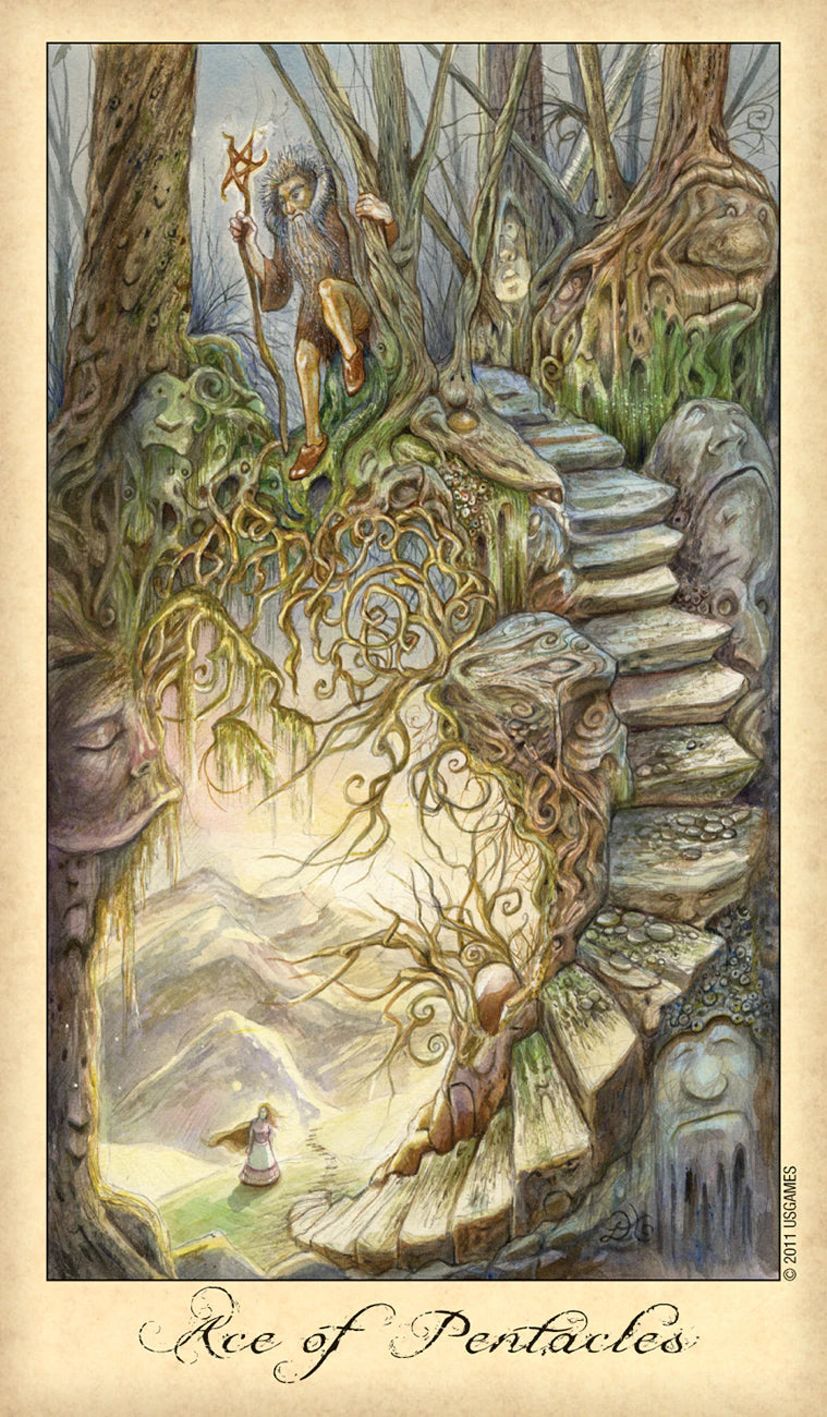 Fantasy illustration of a staircase leading into a mystical forest with a glowing light at the top.