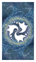 Artistic depiction of dolphins in a circular pattern on a blue watercolor background