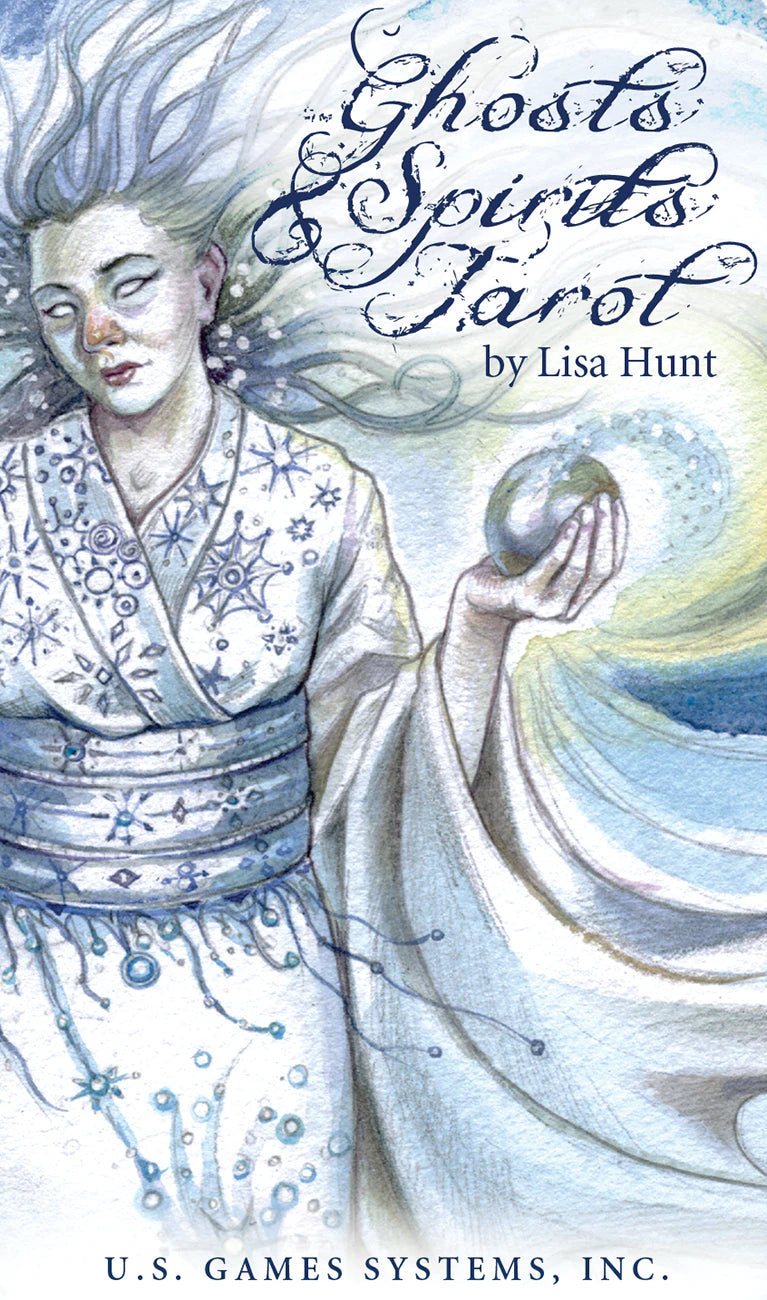 Book cover of 'Ghosts & Spirits Tarot' by Lisa Hunt featuring a woman in a white robe with a crystal ball.