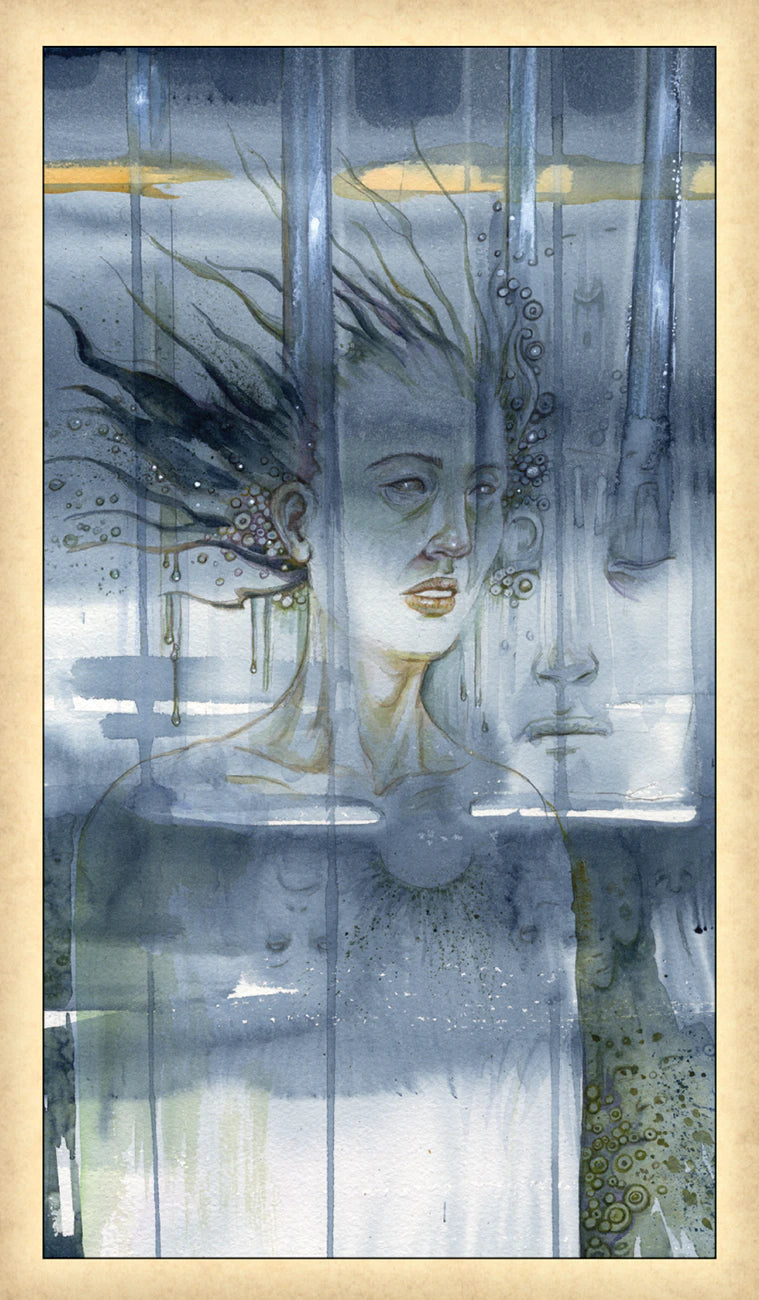 Artistic depiction of a woman's face with abstract elements