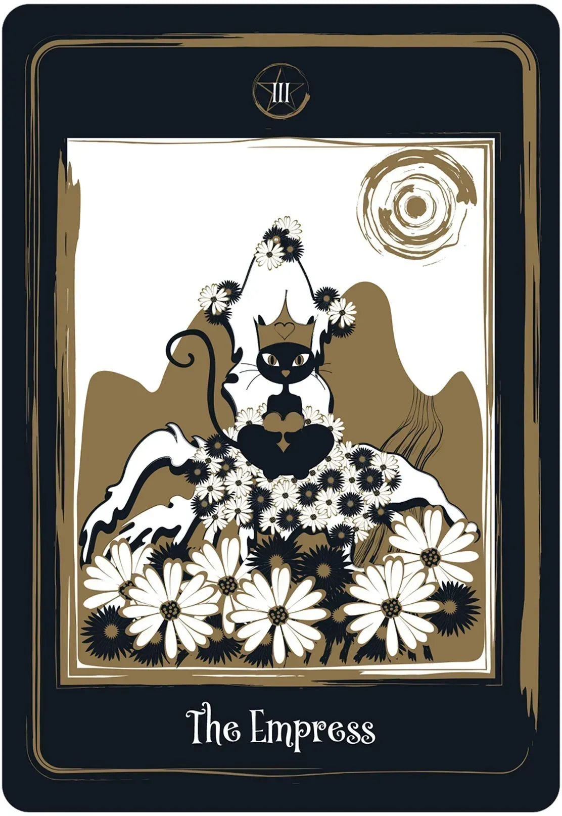 Tarot card featuring 'The Empress' with a cat on a horse surrounded by flowers.