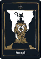 Tarot card featuring a lion and a black cat with 'Strength' at the bottom.