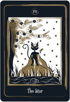 Tarot card titled 'The Star' featuring a black cat on a mountain with stars and flames.