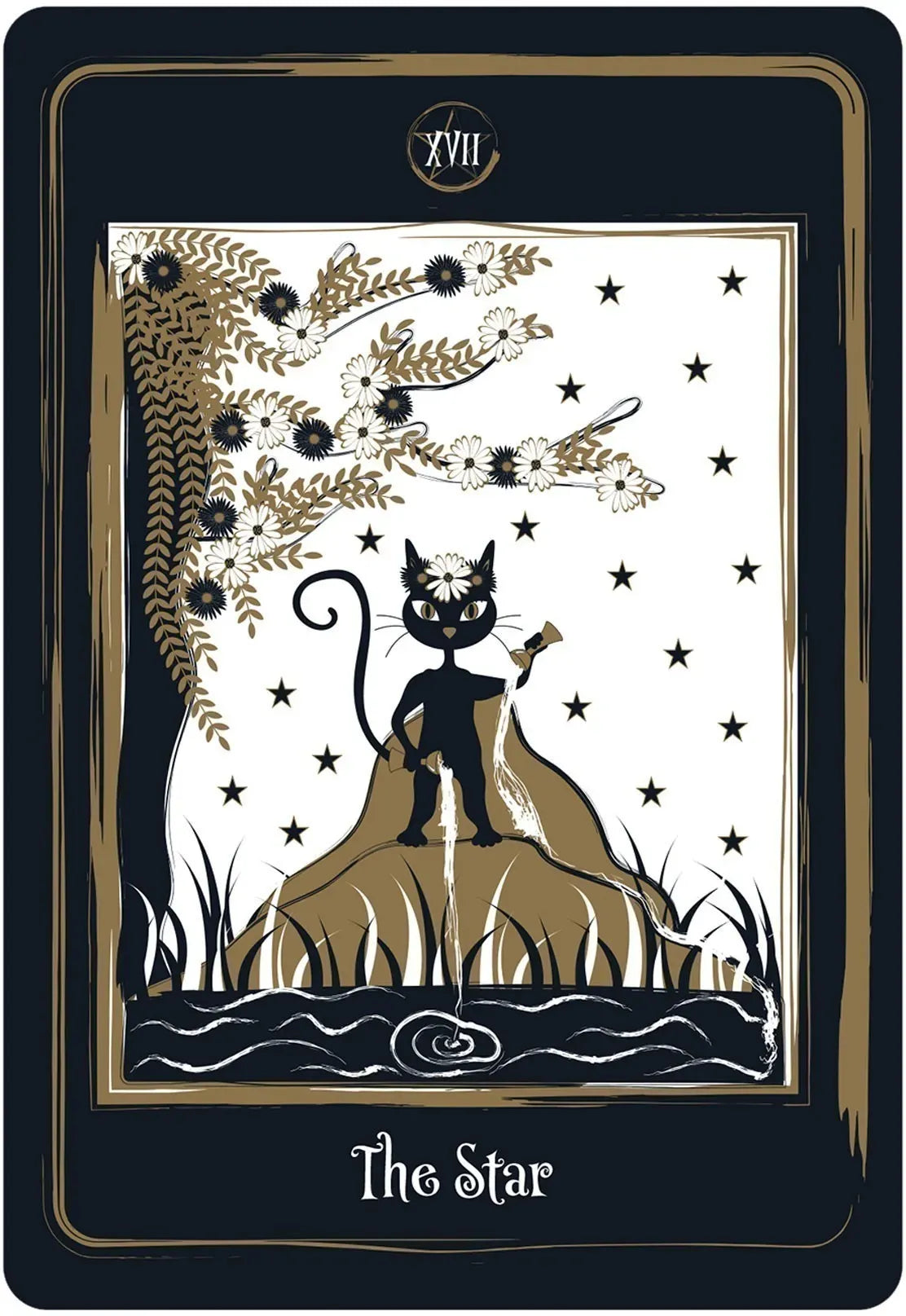 Tarot card titled 'The Star' featuring a black cat on a mountain with stars and flames.