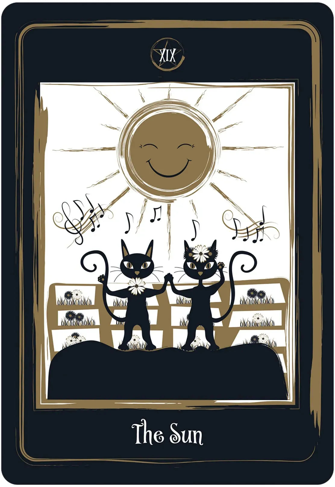 Tarot card titled 'The Sun' with black cats and a smiling sun.