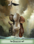 Artistic depiction of a figure embracing another with a bird flying above, set against a cloudy sky.