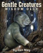 Cover of 'Gentle Creatures Wisdom Deck' by Dan May featuring a creature and a small creature with a feather.