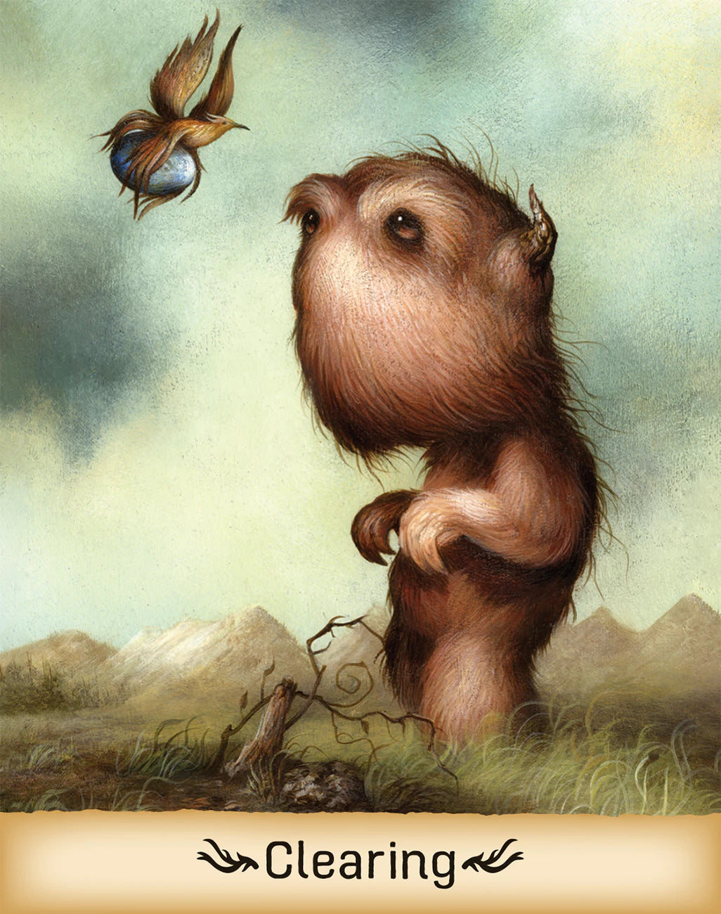 Illustration of a bear-like creature with a bird on its head, standing in a natural setting with mountains and sky.