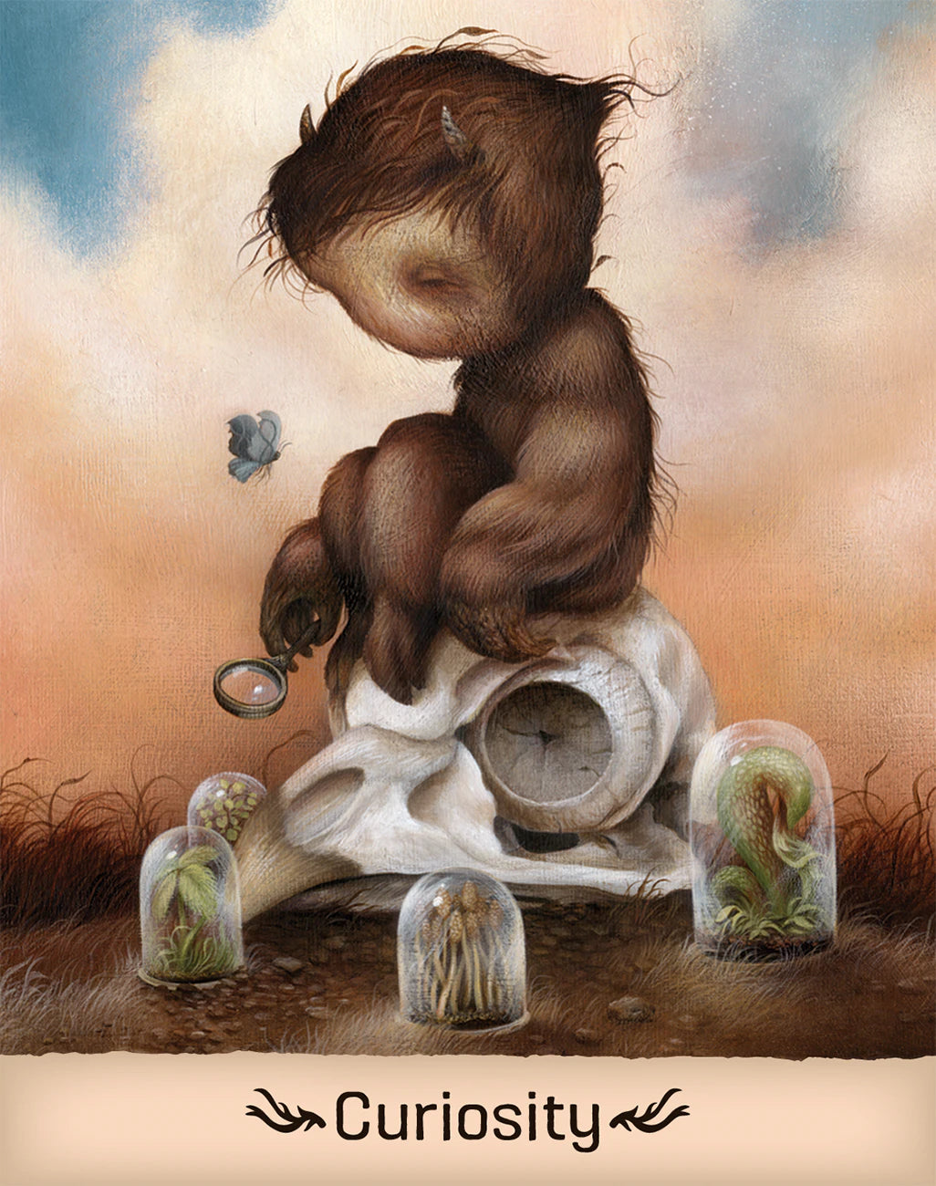 Illustration of a creature with a butterfly and glass containers labeled 'Curiosity'.