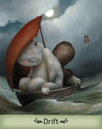 Two animals in a boat with a butterfly and a bright light in the sky, labeled 'Drift'.