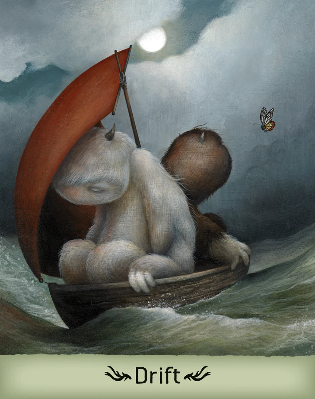 Two animals in a boat with a butterfly and a bright light in the sky, labeled 'Drift'.