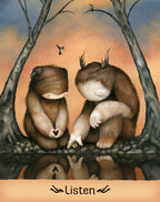 Two anthropomorphic creatures sitting by a pond with a sunset in the background, holding hands with 'Listen' text.