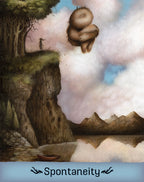 Fantasy landscape with a large hand holding a cloud above a cliff and person, featuring the brand 'Spontaneity'.
