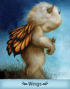 Illustration of a creature with butterfly wings holding a butterfly against a blue background