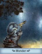Illustration of a creature looking through a telescope at a starry night sky with the word 'Wonder' at the bottom.
