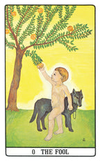 Tarot card titled 'The Fool' featuring a child and two dogs under an orange tree on a yellow background.