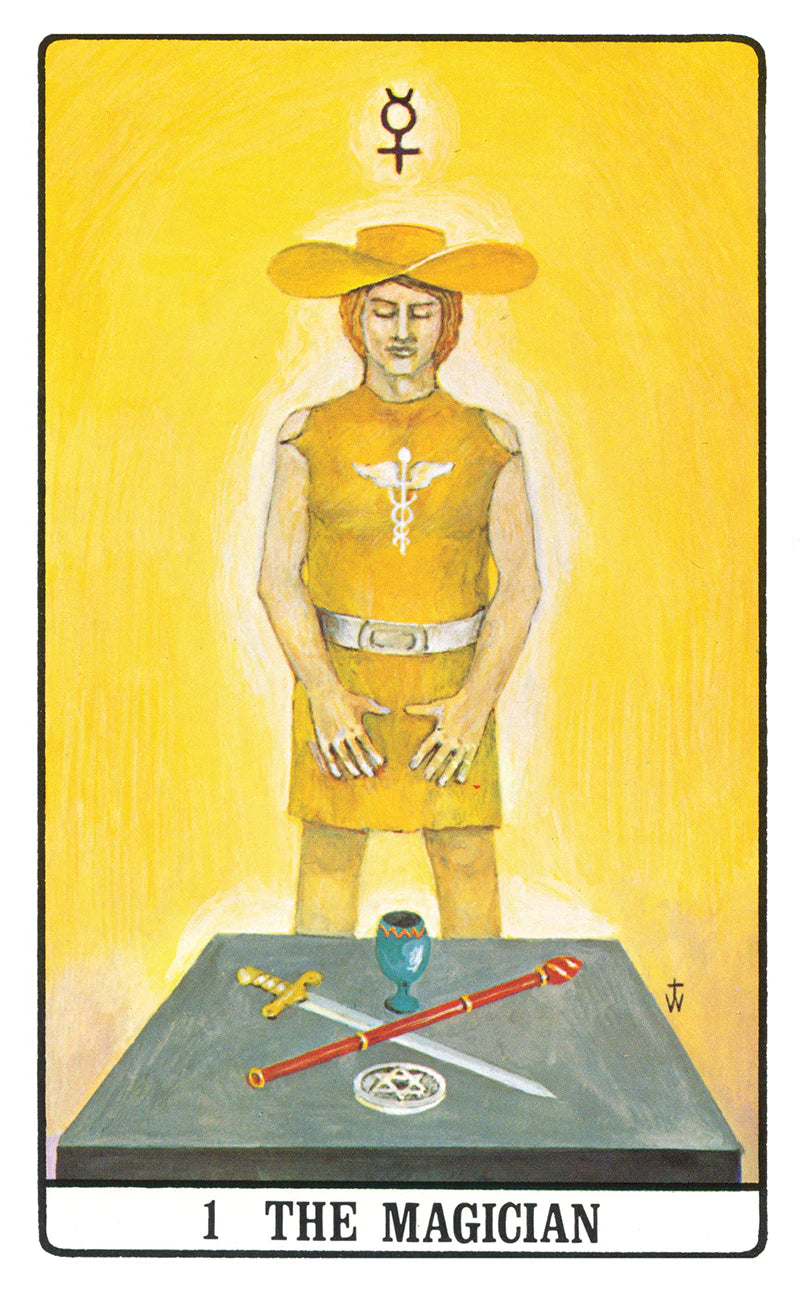 Tarot card featuring 'The Magician' with a yellow background