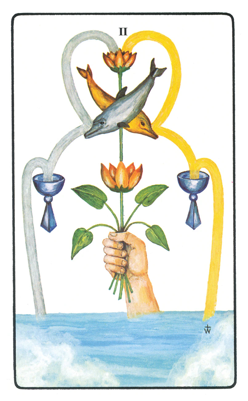Tarot card with a hand holding flowers, two birds, and two hearts above water.