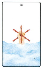 Tarot card with a hand holding crossed sticks over water