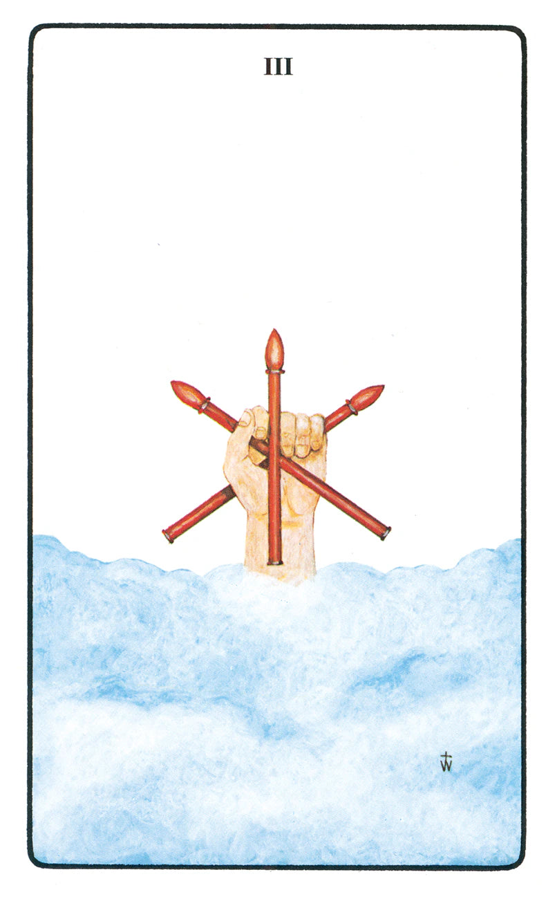 Tarot card with a hand holding crossed sticks over water