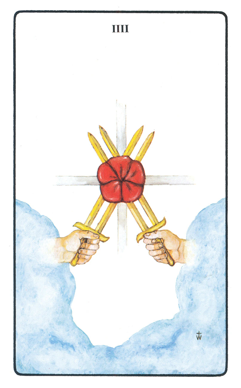 Tarot card with two hands holding crossed swords and a red circle in the center, against a white background.