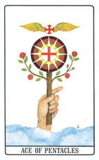 Ace of Pentacles tarot card with a hand holding a pentacle symbol, surrounded by flowers on a white background.