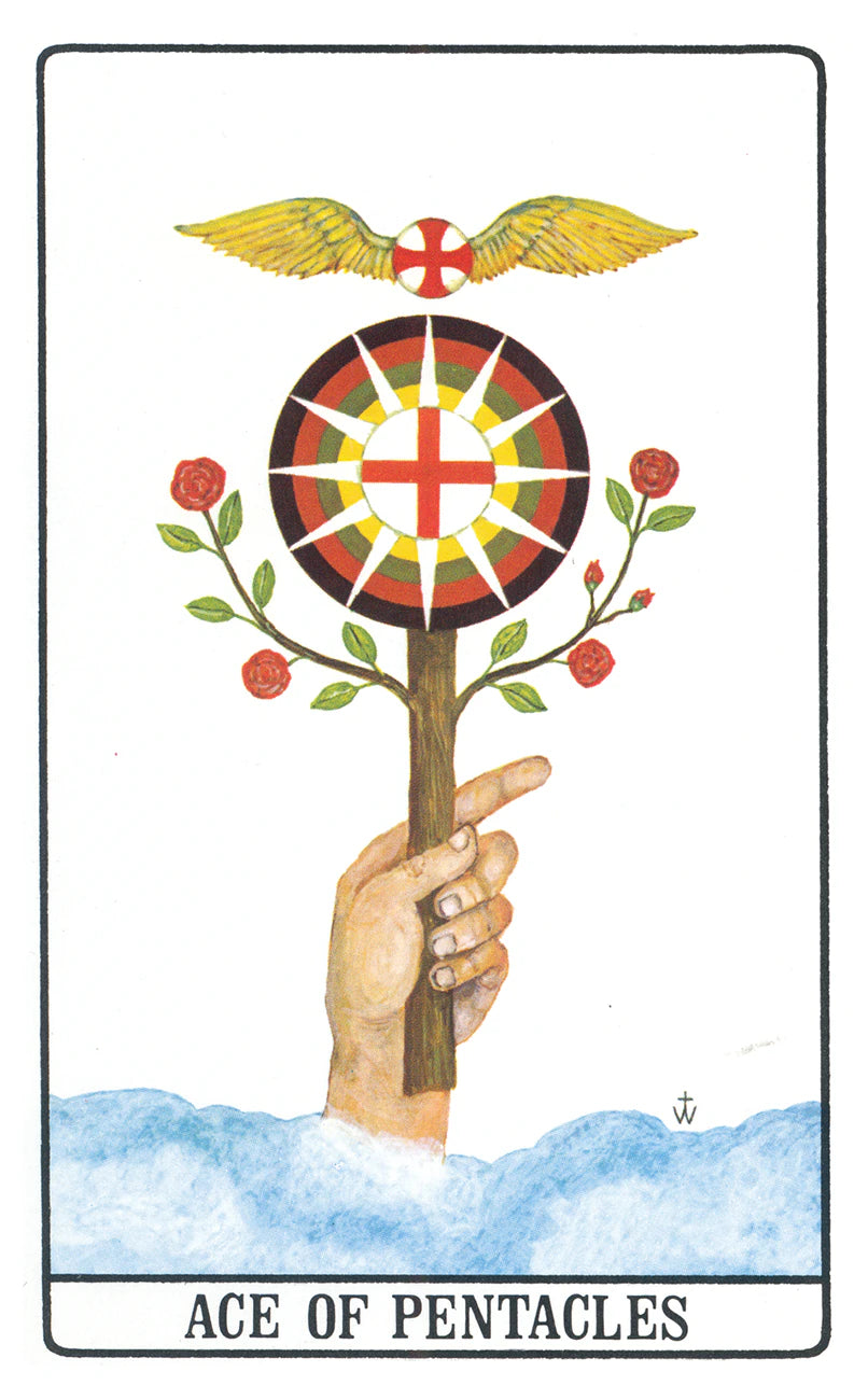 Ace of Pentacles tarot card with a hand holding a pentacle symbol, surrounded by flowers on a white background.