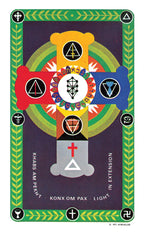 Card with symbols and text on a colorful background