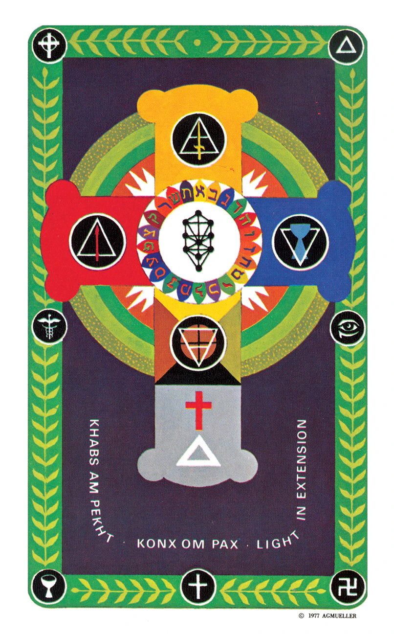 Card with symbols and text on a colorful background