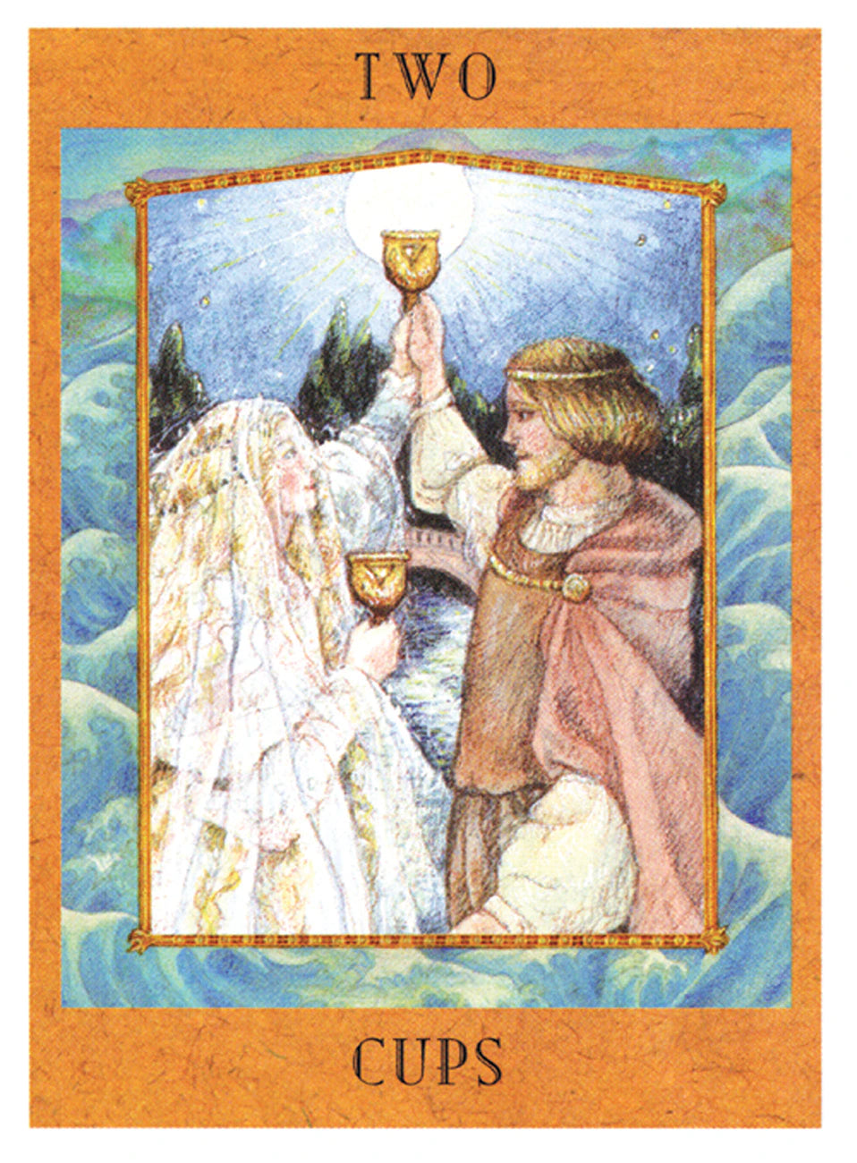 Two Cups tarot card with two people holding cups in a scenic setting