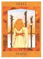 Tarot card titled 'Three Staves' with a woman holding three wooden staves against an orange background.